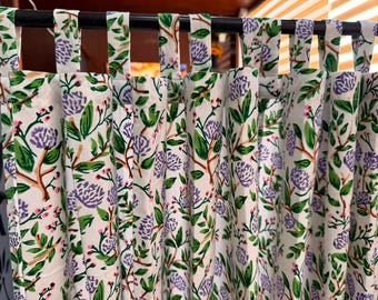 Cortinas de algodón con estampado a mano, estilo bohemio floral, paneles para ventanas que filtran la luz (tamaño personalizado).