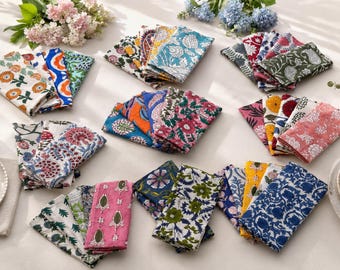 Servilletas de algodón estampadas a mano con bloques de madera, diseños florales surtidos, decoración de mesa ecológica.