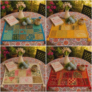 Può includere: Una tovaglietta rettangolare in tessuto con un design patchwork composto da quadrati in tessuto ricamati e decorati con perline. La tovaglietta è disponibile in blu, giallo, rosa o rosso, rifinita con nappe decorative agli angoli e bordo coordinato.