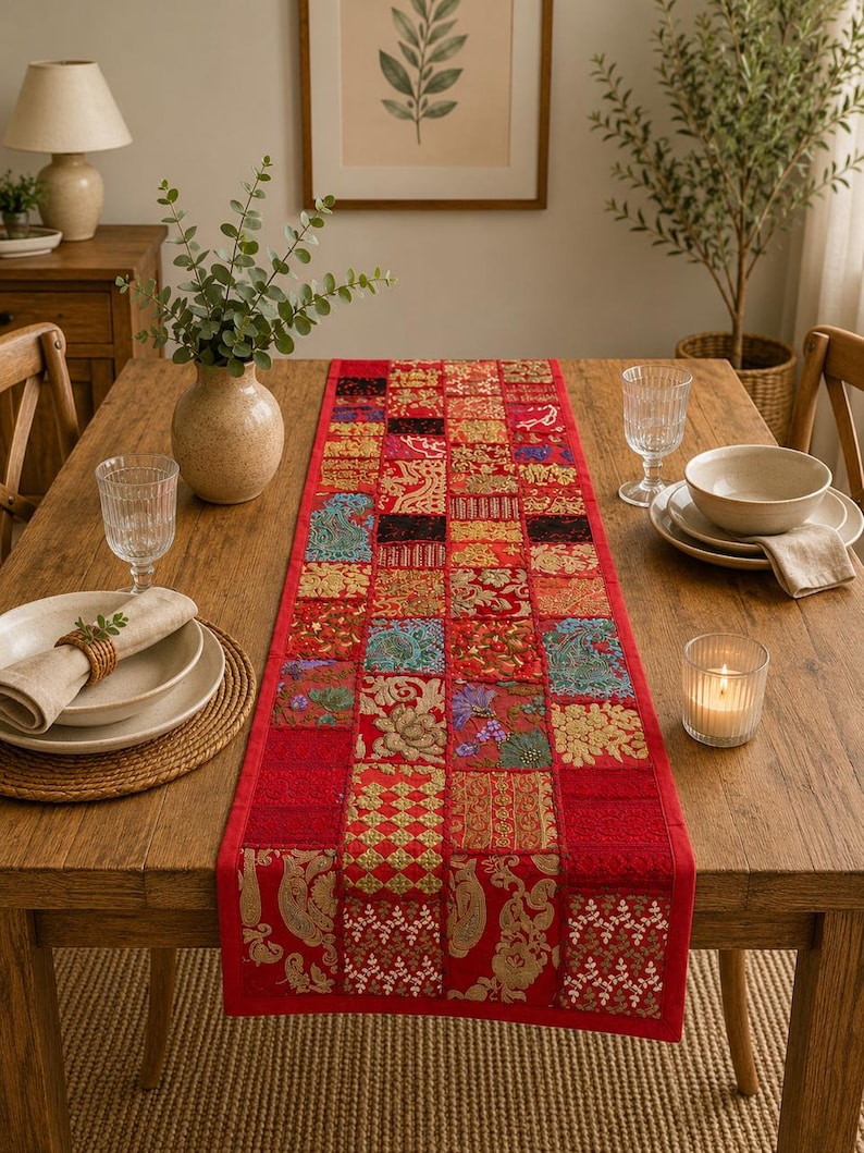 Boho lapptäcke bordslöpare, handbroderad väggbonad, återvunna vintagetyger. Röd