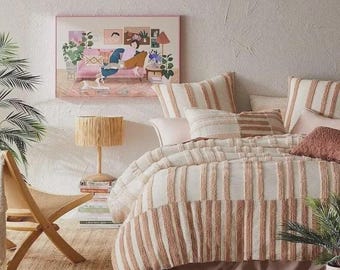 Juego de funda nórdica de lino color burdeos, ropa de cama suave y lavada, estilo rústico acogedor.