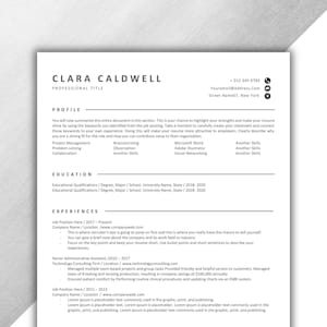 Op de afbeelding: Een professioneel cv-sjabloon met zwarte tekst op een witte achtergrond. De lay-out bevat secties voor profiel, opleiding en ervaringen, met tijdelijke aanduidingen voor contactgegevens, functietitels en professionele vaardigheden.