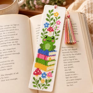 Frog Bookmark Cross Stitch Pattern PDF, Cute Frog on Books, Floral Bookmark, Instant Download