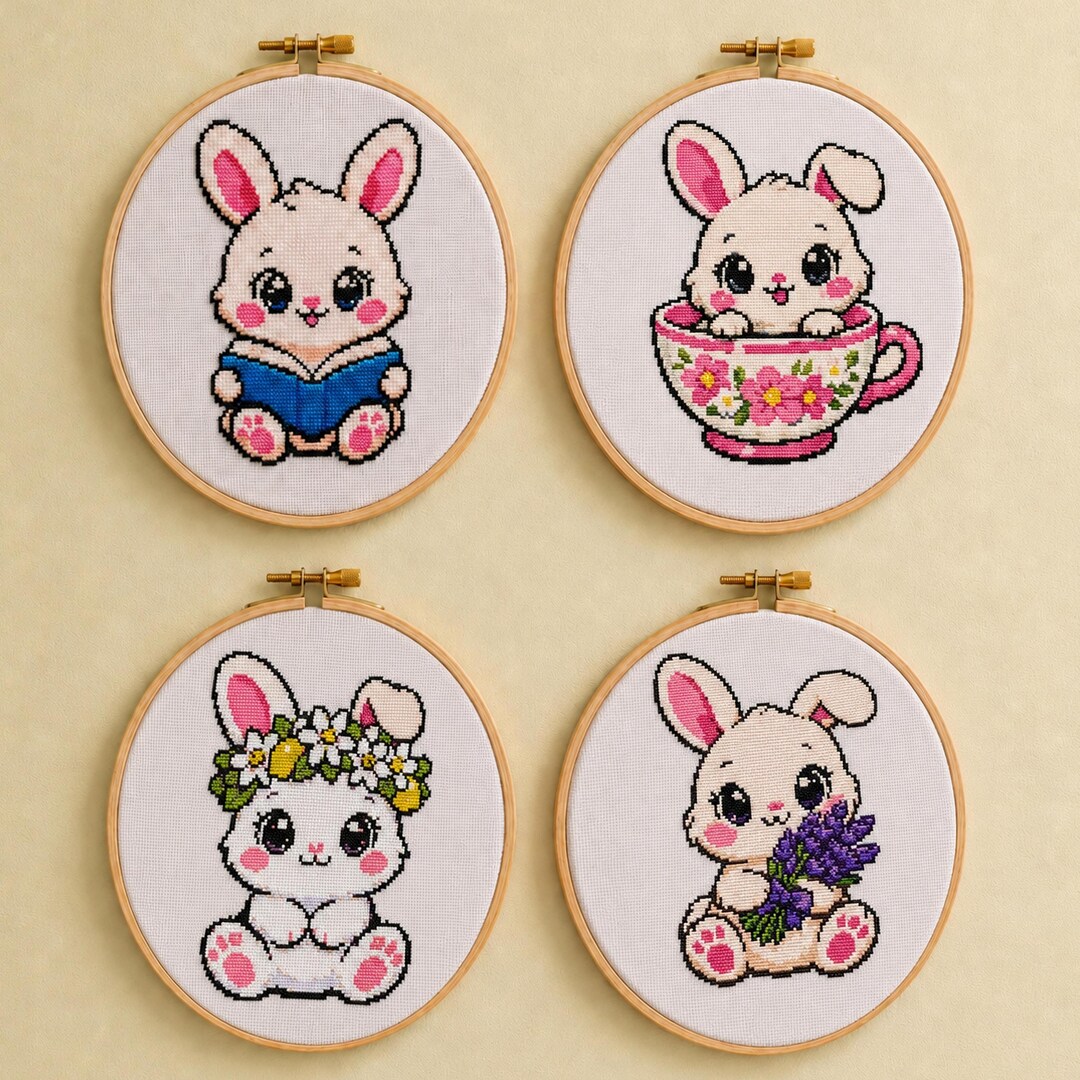 Cute Bunny Cross Stitch Pattern Bundle, 4 Rabbit Designs, Easter Animal ...