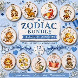 Puede incluir: Una colección de 12 bastidores de bordado circulares con patrones de punto de cruz de los signos del zodiaco. El letrero central dice ZODIAC BUNDLE 12 CROSS STITCH PATTERNS. Cada bastidor muestra una ilustración colorida de un signo zodiacal.