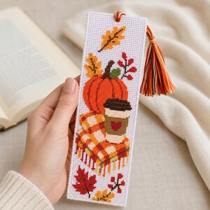 Pumpkin Bookmark Cross Stitch Pattern, Fall Coffee Bookmark, Autumn PDF Pattern, Cozy Book Lover DIY