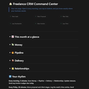 May include: A dark-themed digital interface titled "Freelance CRM Command Center." The screen displays sections for "New Lead," "New Proposal," and "New Task." Additional sections include "Money," "Pipeline," "Delivery," and "Relationships."