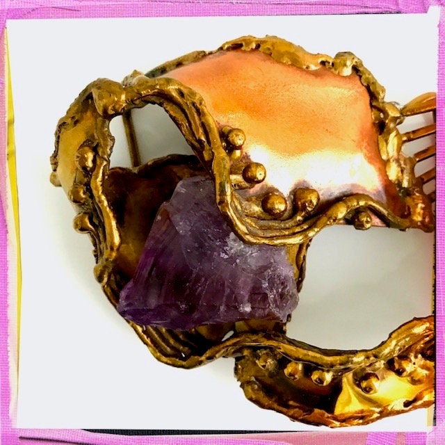 Carvalhu Brazilian Brass Buckle w/ Amethyst Quartz Carvalhu Brutalist Belt Buckle Brass Copper Amethyst. 321 | eBay main image 4
