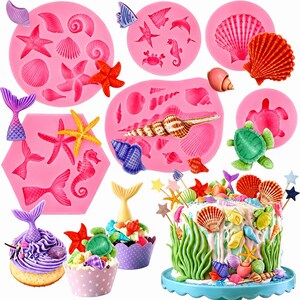 6-Piece Ocean Animal Silicone Mold Set, Mermaid Tail, Turtle, Fish, Shell and Seahorse Cake Decor