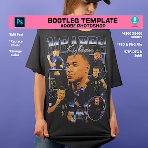 Op de afbeelding: Een zwart t-shirt met een grafische collage van voetballer Kylian Mbappé. Het ontwerp bevat de tekst "MBAPPE" en "Kylian" met meerdere actiefoto's van de speler in een donkerblauw shirt, geaccentueerd door stervormen en een vintage esthetiek.