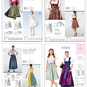 May include: A collection of four sewing pattern sheets for dirndl dresses, labeled 7057, 7443, 8448, and 6228. Each sheet displays photographs of finished dresses in various colors and patterns, alongside technical line drawings, size charts, and difficulty levels.