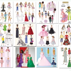 May include: A collection of twelve panels displaying various fashion dolls wearing diverse outfits, including formal gowns, casual wear, and vintage-inspired clothing. The images feature dolls with different hair colors and styles, showcasing a wide range of colorful dresses, skirts, pants, and accessories in a grid layout.