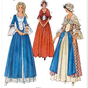 May include: Three historical-style dresses illustrated in a sewing pattern. One is solid blue with white ruffles, one is orange with a small floral print, and one features a cream skirt with blue panels and a striped bodice with a matching bonnet.