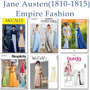 Könnte beinhalten: Eine Sammlung von sechs Schnittmusterumschlägen für Kleider im Empire-Stil mit dem Titel Jane Austen (1810-1815) Empire Fashion. Die Schnittmuster zeigen verschiedene lange Kleider mit hoher Taille, kurzen Ärmeln und bodenlangen Röcken von Marken wie McCall's, Simplicity und Burda Style.