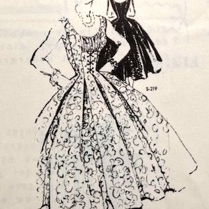May include: A black and white fashion illustration of a dress with a full, flared skirt and a fitted bodice featuring a lace-up front detail. The design includes a repeating floral pattern on the skirt. The text S-219 and Simonetta are visible.