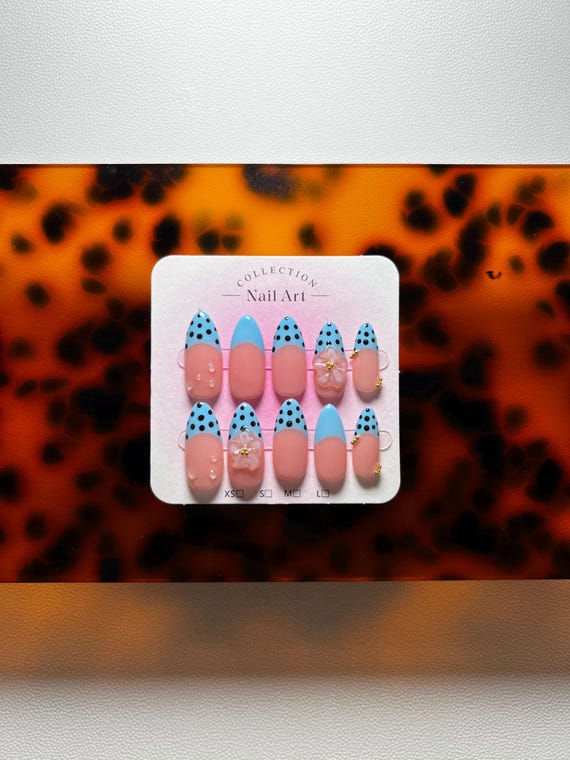 Blue Polka Dot Floral Press On Nails – Nude & Blue Mix Set • 3D Flowers • Gold Beads • Handmade Reusable Press Ons