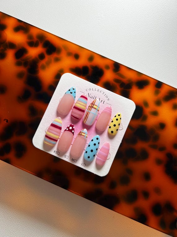 Striped Polka Dot Gel Press-On Nails | Handmade Summer Nail Art