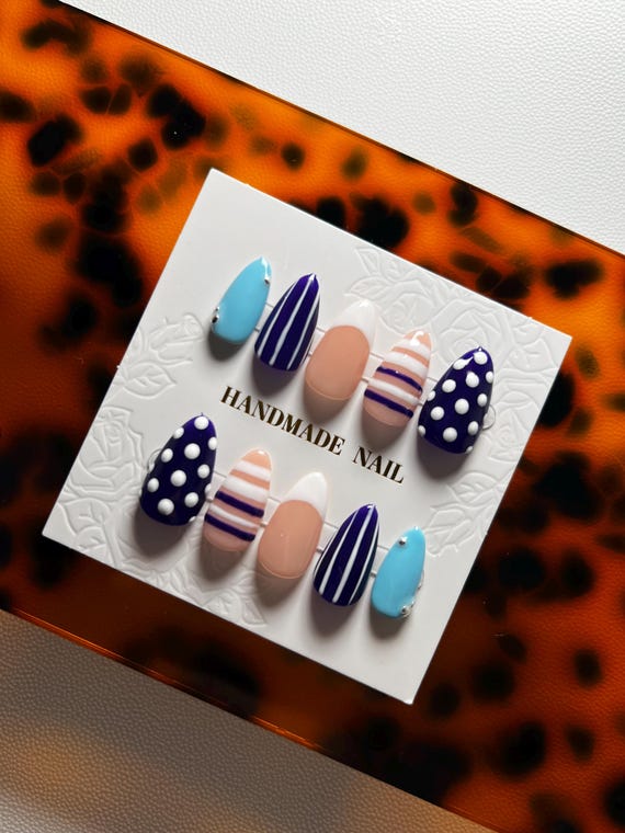Navy Summer Nails | Polka Dot Stripe French Press-Ons | Gel Custom Set