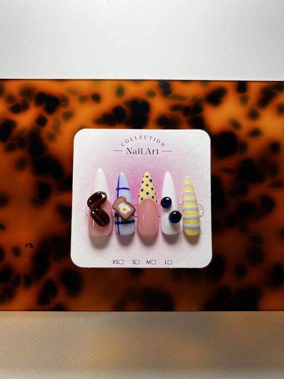 Breakfast‑Themed Press‑On Nails | Cute Food Nail Art | Toast & Egg Charm Nails | Mismatched Pattern Nails |