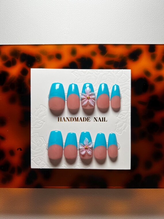 Blue Blossom French Tips – 3D Flower Nails – Handmade Press On Nails