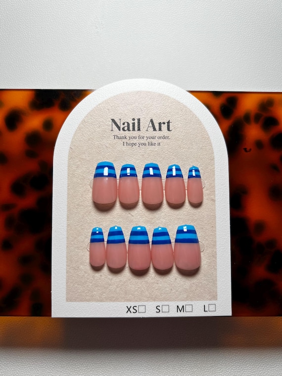 Blue Double Stripe Press On Nails | Nude Base | Modern Minimalist Nails | Reusable | Handmade Luxury Press Ons | Custom Shape & Size