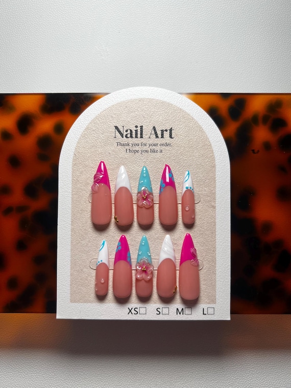 Boho|Colourful Floral Almond Press On Nails • 3D Summer Gel Art Set