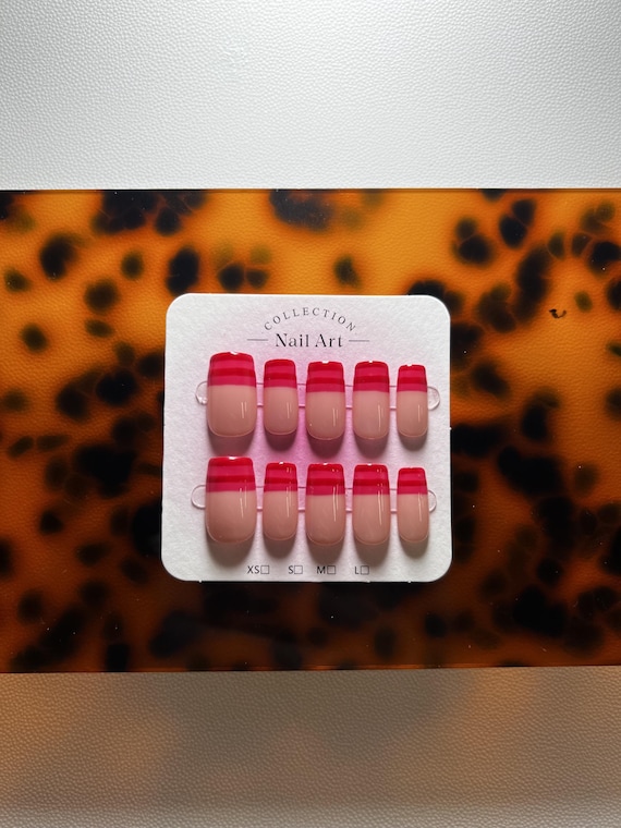Handmade Pink Red Stripe Square Gel Press-On Nails – Colourful Summer Nail Art