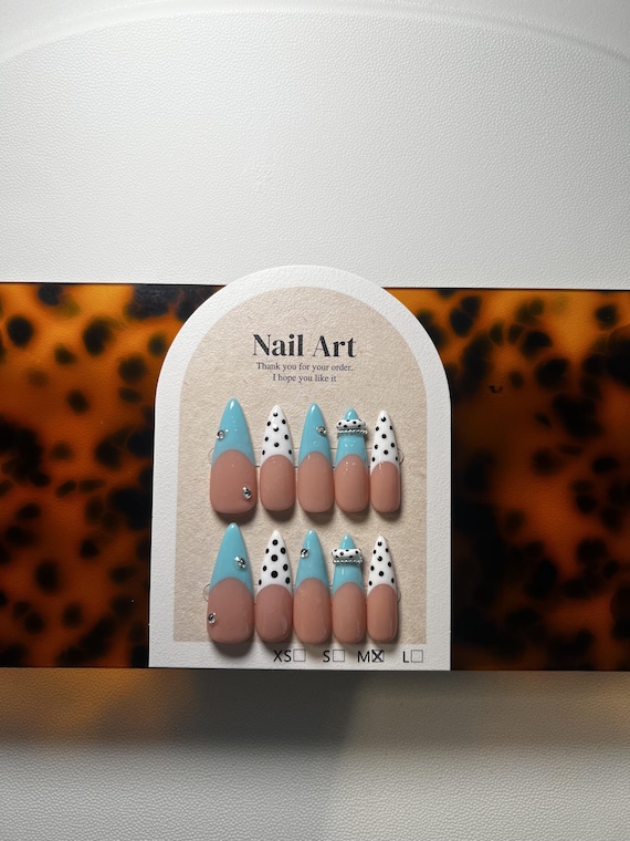 Blue Polka Dot Press‑On Nails | Rhinestone French Tips | Crown Charm Nails | Cute Coquette Nail Art | Handmade Gel Nails