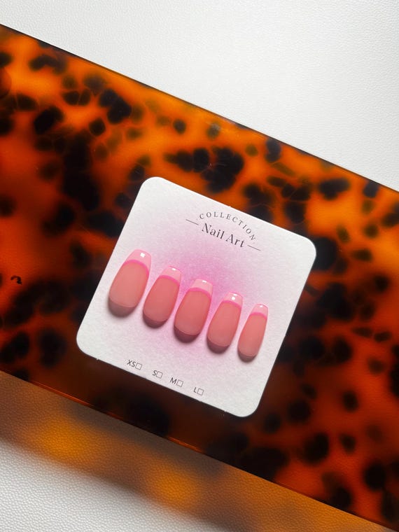 Handmade Gel French Tip Nails: Medium Length, Pink|Neon, Choose Base Colour