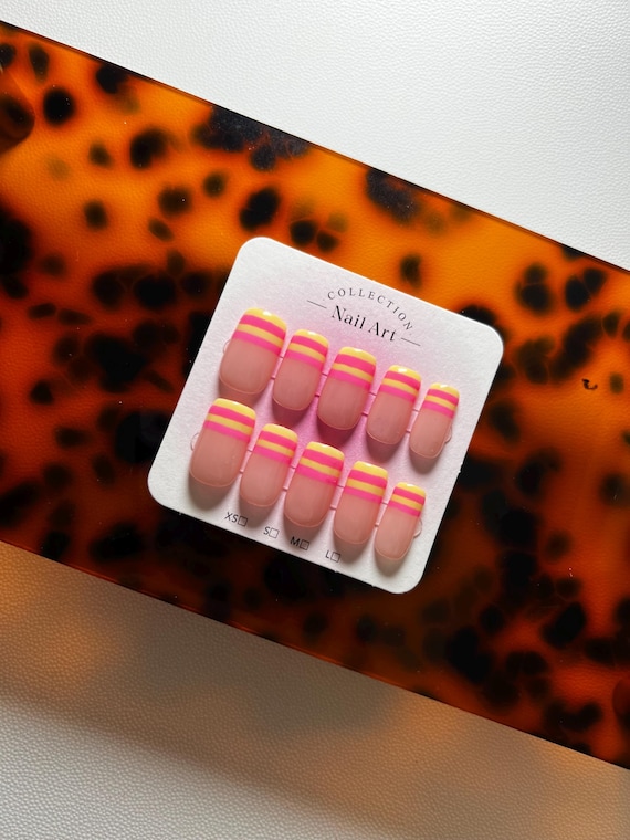 Handmade Pink Yellow Stripe Square Gel Press-On Nails – Colourful Summer Nail Art