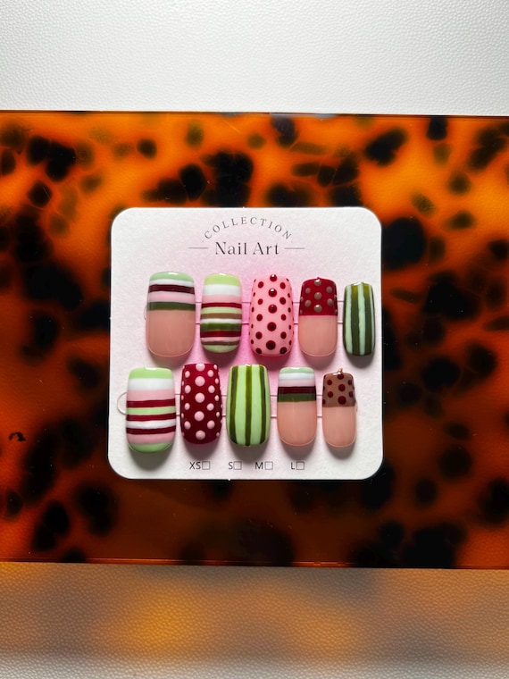 Pink Green Square Nails – Striped Dot Pattern Press On Set – Summer Gel Nails