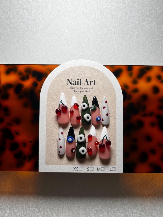 Casino Press On Nails – Dice, Pool Balls, Cherry Design – Long Almond Nail Art