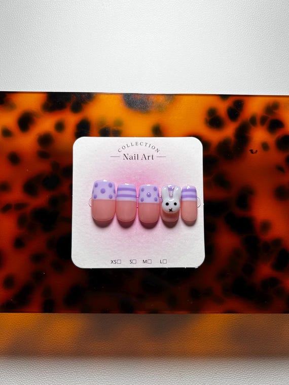 Pastel Miffy Press‑On Nails | Cute Purple Nail Art | Handmade Gel Nails | Kawaii Nail Set | Spring Nails |