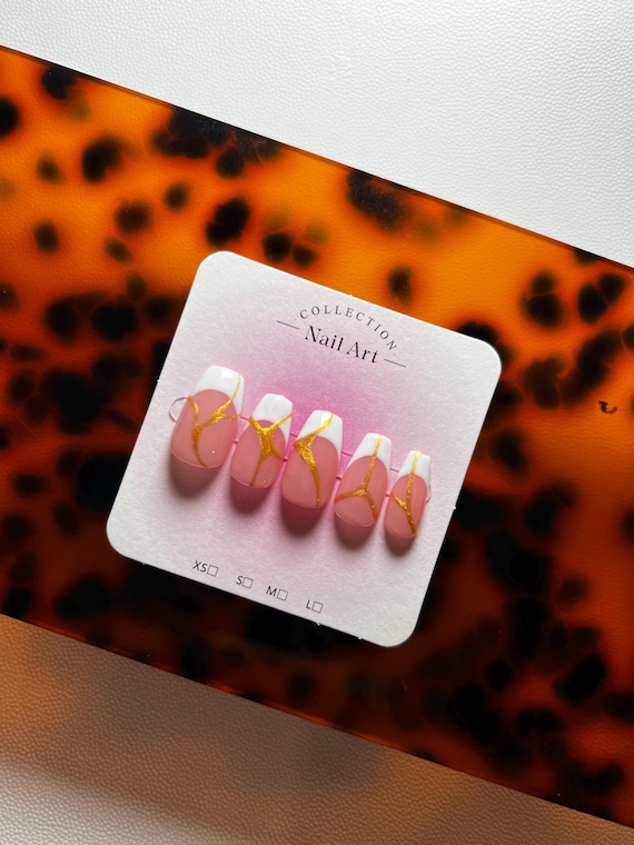 Pink French Tip Press On Nails – Gold Line Art Nails – Choose Your Base Colour