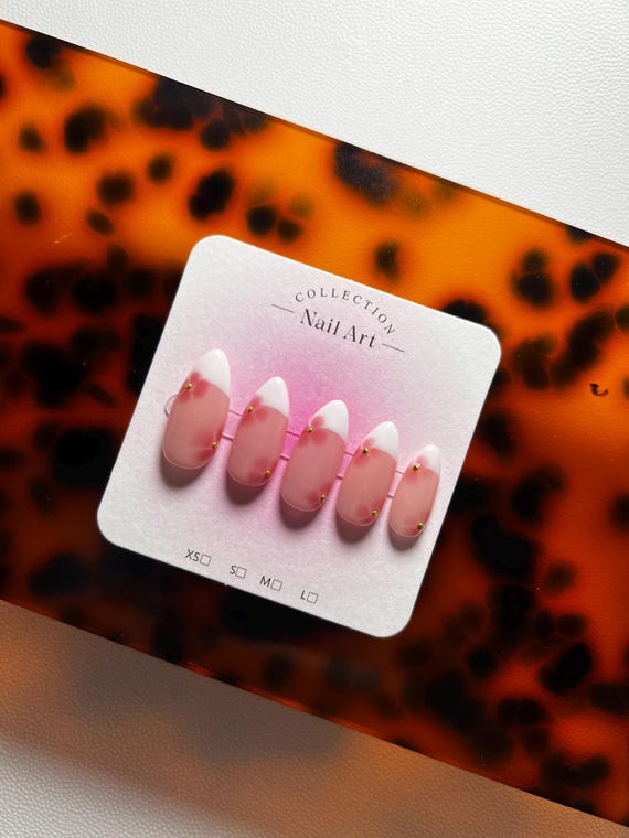 Handmade French Tip Press-On Nails with Pink Blooming Flowers and Gold Accents