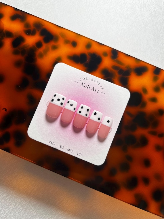 Dice Square Press-On Nails – Pink French Tip with Black Dot Pattern – Handmade Gel Nails
