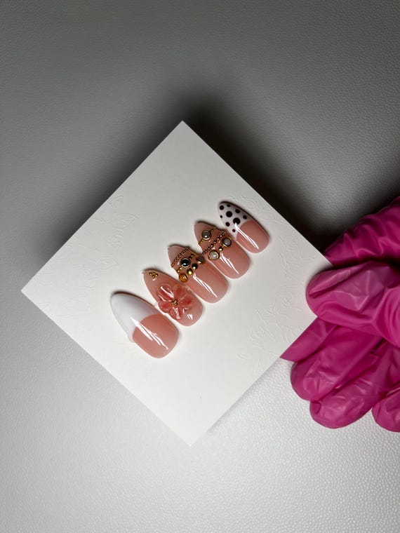 Bangle Inspired Press On Nails • Gold Accent Nails • Nude & White Nail Art • 3D Flower Nails • Elegant Handmade Nails