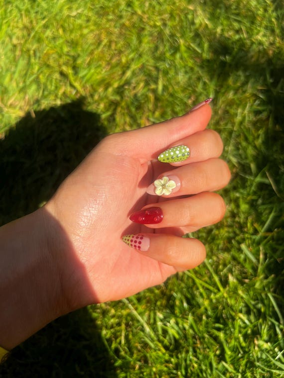 Garden Vibes Almond Press On Nails – Hand-Painted Gel Summer Art