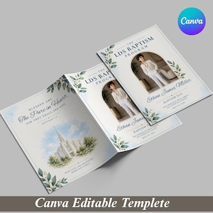 May include: A folded LDS baptism program template featuring watercolor greenery accents. The cover displays a photo of a person in a white suit, the text The LDS Baptism Program, and Ethan James Miller. The back shows a temple illustration.