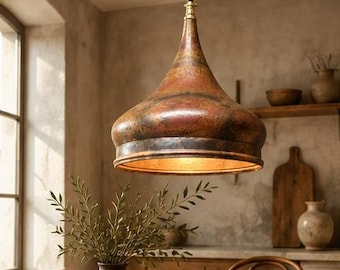 Hand-Hammered Copper Pendant Light, Antique Brass Finish, Rustic Island Lamp