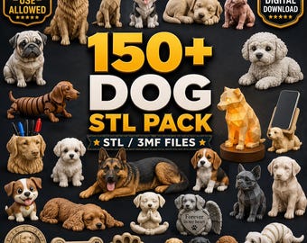 150+ Dog STL Bundle | Puppy 3D Print Files | Dog Figurines, Puppy Decor, Pet Memorial, Pen Holder STL | Commercial License