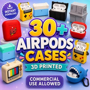 May include: A collection of 3D printed protective cases for AirPods, featuring various designs including a yellow handheld game console, a red case with the number 95, a blue shark, a retro television, and other geometric shapes with text 30+ AIRPODS CASES.