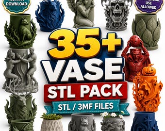 35+ Dekorative Vase STL Bundle | Fantasy Tier Schädel Blumen Pflanzer 3D Druck Dateien | Kunstvase STL 3MF Gewerbliche Nutzung