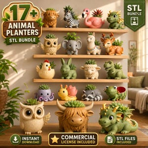 May include: A collection of 17+ animal-shaped planters displayed on wooden shelves. The figures include a highland cow, zebra, flamingo, dragon, owl, elephant, llama, deer, chicken, rabbit, sheep, dinosaur, octopus, snail, raccoon, and frog.