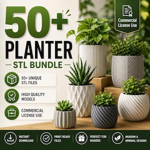 May include: A digital bundle of 50+ planter STL files featuring various textured designs including vertical ribs, geometric diamonds, and herringbone patterns. The image displays several physical examples of these planters in white and gray holding green plants.