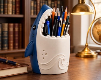 Shark Pen Holder STL File, Cute Desk Organizer 3D Print, Pencil Cup, Office Stationery Holder, Home Workspace Decor