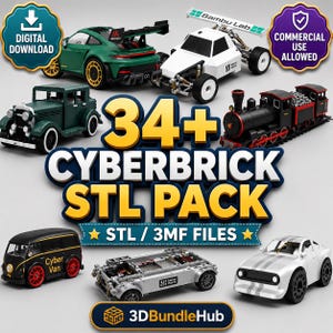 May include: A digital collection of 34+ Cyberbrick STL and 3MF files featuring various 3D printable vehicle models including a green sports car, a white off-road buggy, a vintage green car, a black steam train, a black van, and a silver chassis.