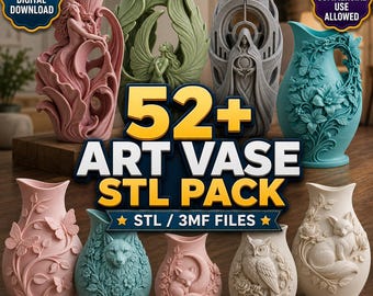 52+ Art Vase STL Bundle | Decorative Vase 3D Print Files | Floral Animal Fantasy Vase Models STL 3MF Commercial Use | Digital Download
