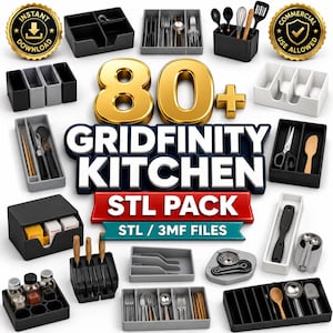 80+ Gridfinity Kitchen STL Bundle | Modular Drawer Organizer 3D Print Files | Utensil Tray Spice Storage STL 3MF Commercial Use