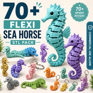 May include: A collection of articulated seahorse figures in various colors including blue, purple, yellow, orange, green, and gray. Text on the image reads 70+ FLEXI SEA HORSE STL PACK, 70+ UNIQUE DESIGNS, and COMMERCIAL USE ALLOW.
